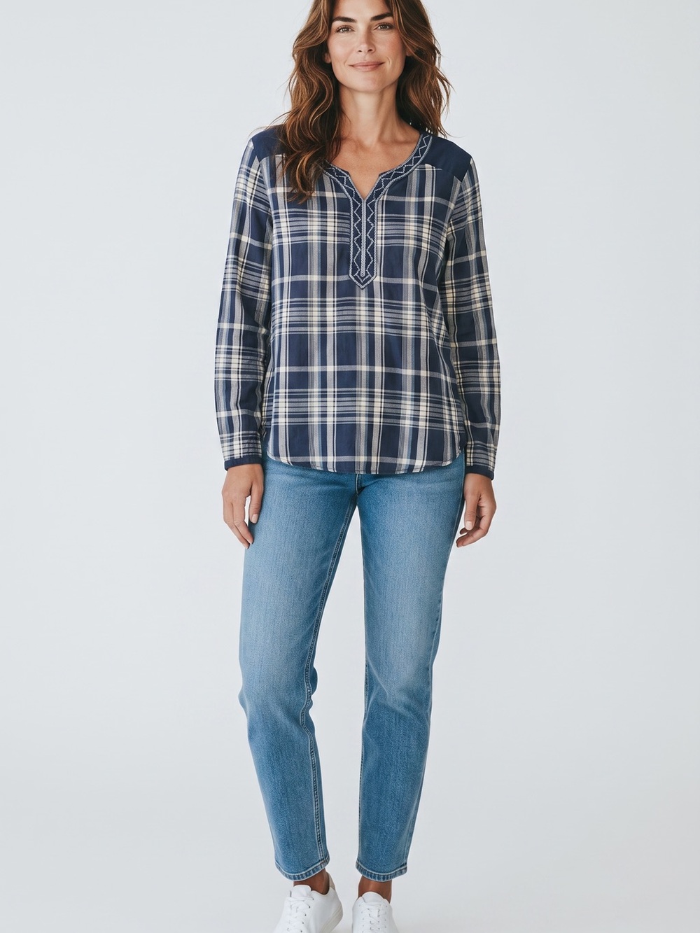 Rebecca Malone Navy and Cream Plaid Long-Sleeve Tunic Blouse